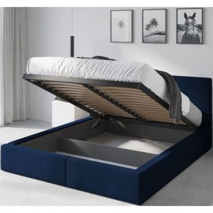 Lit coffre-Hilton-120x200 cm- Sommier avec cadre en metal- Tête de lit tapissé (bleu)