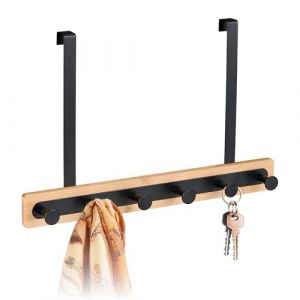 Relaxdays Reladays Portemanteau Moderne, Support Pratique, pour Porte, patère 6 Crochets, Bambou et Acier, Noir et Nature