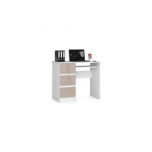 Bureau d'ordinateur AKORD gauche A6 Blanc 90 cm 3 tiroirs fa&ccedil;ade Cappuccino Brillant 1 &eacute;tag&egrave;re 90x50x77 cm