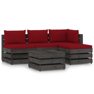 VidaXL Salon de jardin 5 pcs avec coussins Bois impr&eacute;gn&eacute; de gris - Rouge