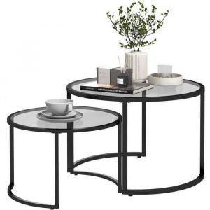 Homcom Lot de 2 tables basses gigognes rondes style contemporain - acier noir verre trempé 5 mm - Noir
