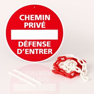 Signaletique.biz France - Chemin privée défense d'entrer disque rigide prépercé avec chaine plastique rouge/blanc avec collier de serrage de serrage