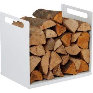 Relaxdays Support &agrave; Bois de Chauffage, m&eacute;tal, Design Moderne, H x L x P : 35 x 40 x 30 cm, &eacute;tag&egrave;re &agrave; Bois, Blanc
