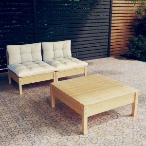 VidaXL Salon de jardin 3 pcs avec coussins cr&egrave;me Bois de pin