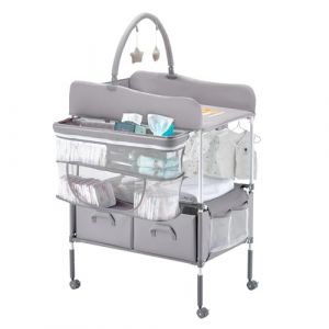 Image de VEVOR Table à langer pliable avec 2 tiroirs en tissu, panier latéral et tige de suspension, table à langer portable à hauteur réglable avec roues verrouillables et 2 jouets étoilés, gris clair