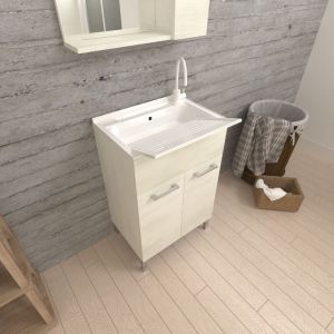 Image de Kiamami Valentina MEUBLE BUANDERIE AVEC LAVOIR 60CM AVEC PORTES EN CHÊNE BLANC - PRATICO - KVStore