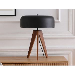 Lampe &agrave; poser tr&eacute;pied en bois d'h&eacute;v&eacute;a et m&eacute;tal D. 36 x H. 45 cm - Noir - PAVICO