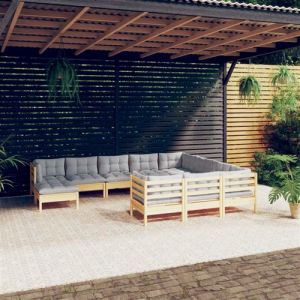 VidaXL Salon de jardin 11 pcs avec coussins gris Bois de pin - Marron et gris