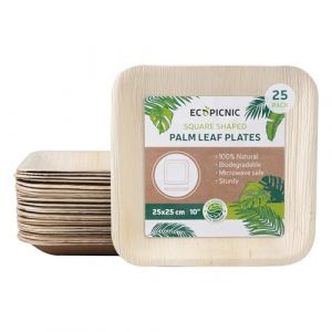 25 pcs Assiettes carrées 25x25 cm en feuille de palmier Biodégradables compostables résistantes – ECOPICNIC