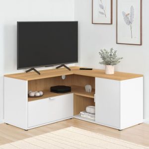 Idmarket Meuble TV 90 x 90 cm d'angle BALTAZAR façon hêtre et blanc