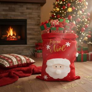 Grande Hotte de No&euml;l XL 100x60 cm &ndash; Sac Cadeaux 3D Brod&eacute; "Joyeux No&euml;l" avec Motif P&egrave;re No&euml;l, D&eacute;coration et Emballage F&ecirc;tes