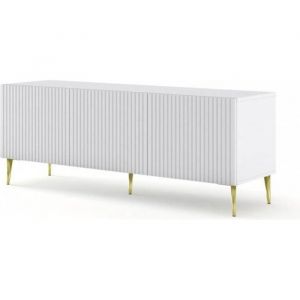 AC-Déco Meuble Tv Ravenna Avec 3 Portes En Bois Et Pieds Dorés - Blanc Mat - L 150 X P 42 X H 56 Cm