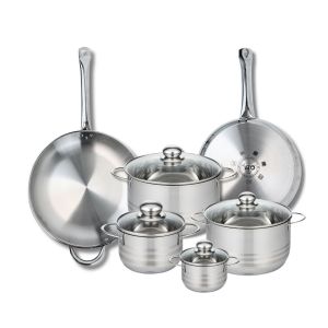 Elo 9884250 Batterie de cuisine 6 pièces, Ensemble de 2 Poêles de cuisson 28 et 32 cm et 4 faitouts 12, 16, 20 et 24 cm Profi Brillant, inox, induction