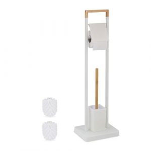 Relaxdays Serviteur WC, Bambou, Acier Inoxydable, Support à Poser, Brosse et Porte-Brosse, Blanc - Nature