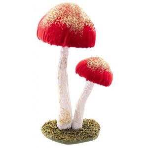 Ruedelafete Deux Champignons fins fairy velours pailletés or sur socle, Rouge 25cm