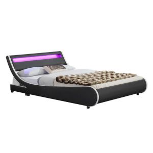 Juskys Polsterbett Valencia 140x200 cm Black - Lit &eacute;l&eacute;gant en cuir artificiel avec &eacute;clairage LED et sommier &agrave; lattes