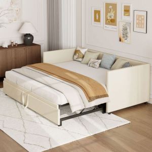 Canape lit gigogne 90x200 cm - Design &eacute;l&eacute;gant - 2 places - Tissu velours doux - Contemporain - beige