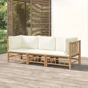 VidaXL Salon de jardin 3 pcs avec coussins blanc crème bambou - Brun