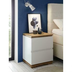 Image de Pegane Chevet / table de nuit finition laqu&eacute;e blanc mat et ch&ecirc;ne massif huil&eacute; - Longueur 48 x Hauteur 59 x Profondeur 40 cm