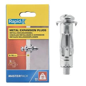 Rapid Chevilles à Expansion en Métal pour Cloison en Plâtre de 6 à 16 mm, Lot de 50 Chevilles, Charge Maximale 40 kg, Chevilles pour Plâtre & Aggloméré (5001563)