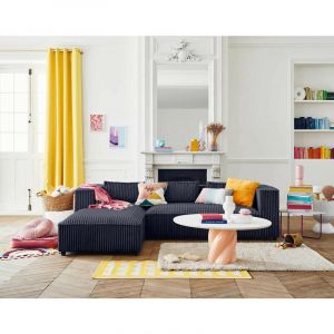 Canap&eacute; d'angle gauche 4 places en velours grosses c&ocirc;tes bleu marine