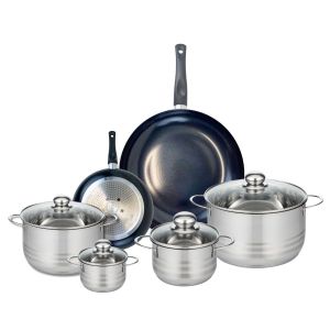 Elo 9730750 Batterie de cuisine 6 pièces, Ensemble de 2 Poêles de cuisson 20 et 32 cm et 4 faitouts 12, 16, 20 et 24 cm Prima Brillant, inox, induction