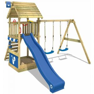 Image de Wickey Aire de jeux Portique bois Smart Shelter toit en bois avec balançoire et toboggan bleu Maison enfant exterieur