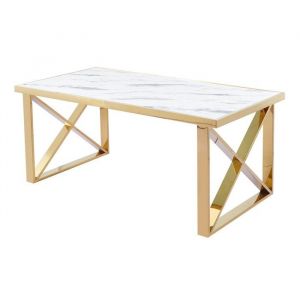 Image de ILYANA - Table à manger rectangulaire effet marbre blanc et pieds dorés
