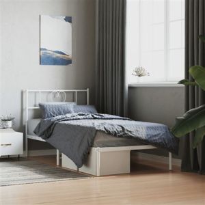 VidaXL Cadre de Lit avec Tête de Lit, Lit de Simple avec Sommier à Lattes, Lit Adulte avec Rangement Chambre, Moderne, Blanc 90x190 cm Métal