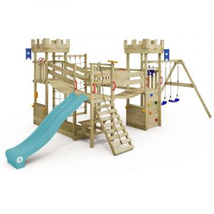 Wickey Tour de jeux Smart Arch avec filet d'escalade et ponts suspendus, château fort, grand bac à sable, comptoir de jeu, table de pique-nique, mur