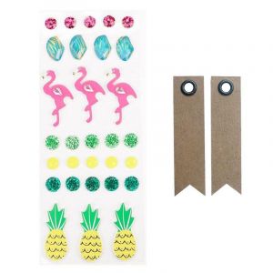 Graines Créatives 30 stickers 3D flamants rose et ananas + 20 étiquettes kraft Fanion