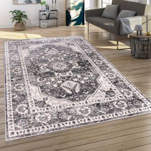 Paco Home Tapis De Salon Poils Ras Oriental Mandala Marocain Avec Bordure Gris Beige 60x100 cm