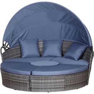 Outsunny Lit canapé de Jardin modulable Grand Confort Pare-Soleil Pliable 5 Coussins 3 oreillers 180L x 175l x 147H cm résine tressée Grise Polyester Bleu