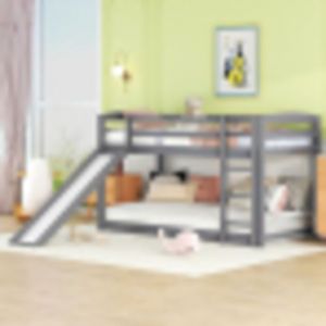 Lit superpos&eacute; enfant 90x200 cm avec toboggan, rambarde, escalier, sans matelas, gris