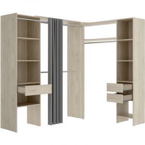 Pegane Kit armoire dressing d'angle extensible en bois mélaminé coloris chêne naturel - Longueur 164-214 x Profondeur 141 x Hauteur 205 cm