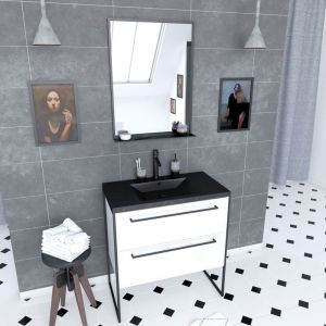 Image de Aurlane Pack meuble de salle de bain 80x50cm Blanc - 2 tiroirs noir - vasque noir effet pierre et miroir noir mat - STRUCTURA P018