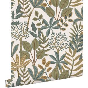Papier peint feuilles bleu grisâtre, vert olive grisé et jaune ocre - ESTAhome