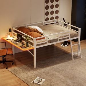 Lit mezzanine enfant 140x200cm - lit mi-haut en métal avec balustrade, échelle, bureau, LED télécommandée - Blanc