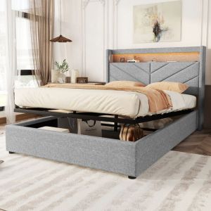 Lit coffre 140x190cm - tissu en lin - avec led et prise usb - Gris