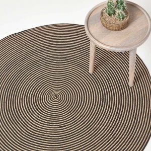 Tapis rond tiss&eacute; &agrave; plat en coton spirale Beige et Noir, 200 cm