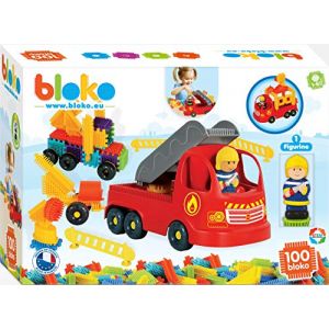 BLOKO – Coffret de 100 avec Camion de Pompiers et 1 Figurine – Dès 12 Mois – Fabriqué en Europe – Jouet de Construction 1er âge – 503692