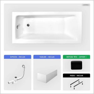 Baignoire rectangulaire - 170 x 75 cm - avec Tablier Blanc - Pieds - Poignées - Repose-tête - Vidage Chrome - TALIA PREMIUM