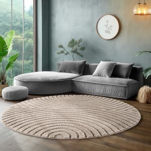 SIMPEX Tapis Rond 200 cm Beige &agrave; Poils Longs Design Scandi Boho Effet Relief Moderne pour Chambre &agrave; Coucher