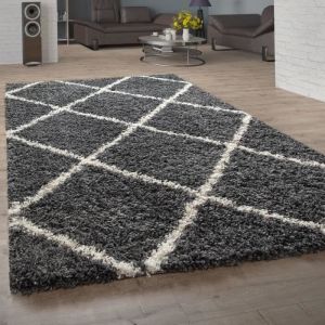Paco Home - Tapis Poils Longs, Shaggy Pour Salon, Design Scandinave Et Losanges Gris Foncé 140x200 cm