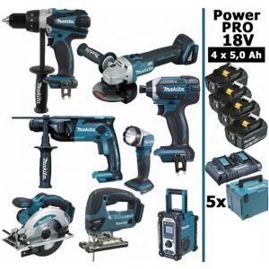 Makita Pack Power pro 8 outils 18V: DDF458 DHR202 DGA504 DTD152 DJV180 DSS610 DMR108 DEADML802 4 batt 5Ah 5 Coffrets