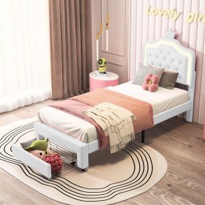 Fortuna Lai - Lit 90x200cm, lit enfant led avec tiroir, sommier à lattes et tête de lit avec couronne, en cuir pu, blanc