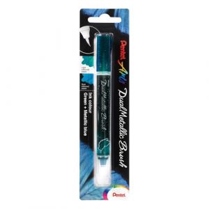 Pentel Arts Dual Metallic Brush XGFH Feutre pinceau encre gel métallisée irisée, pointe nylon, traits fins à larges, 2 effets de couleur vert + bleu métallique
