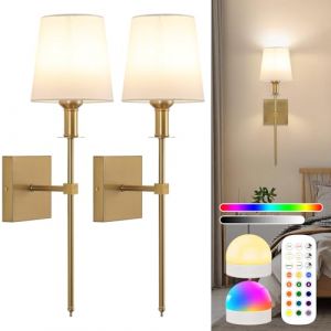 Lot de 2 Appliques Murales Rechargeable USB, Lampe Murale Sans Fil avec T&eacute;l&eacute;commande, E27 Applique Murale Batterie Interieure, Dor&eacute; & Abat-Jour Tissu Blanc, Lampe de Chevet Pour Chambre Salon Couloir
