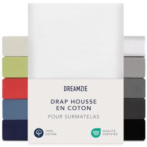 Dreamzie Drap Housse Surmatelas 140x200 cm - 160x200 cm, Jersey 100% Coton, Hauteur De Surmatelas Jusqu'à 15 cm, Hypoallergénique, Oeko-Tex, Blanc