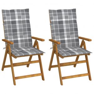 VidaXL Chaises inclinables de jardin 2 pcs avec coussins Bois d'acacia Grey check pattern